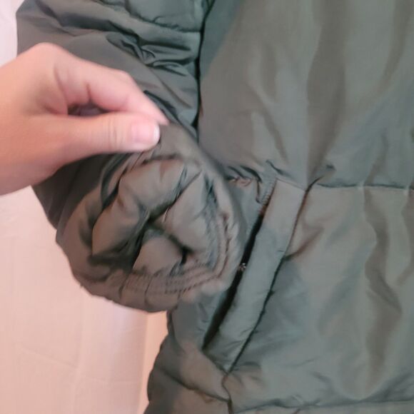 Old Navy Long Puffer Jacket Women's Size Large Green Faux Fur Trim Outdoor READ - Picture 7 of 13